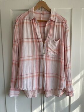 Free People Shirt Women’s Double Gauze Shell Pink Plaid Button Pullover Coastal